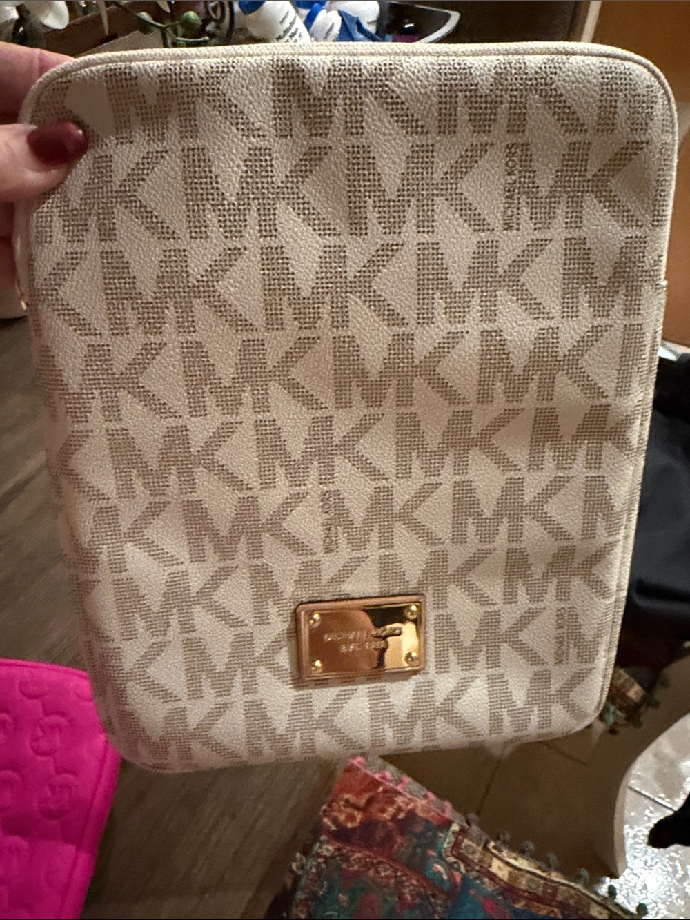 Michael Kors Beige and Gold Signature MK Cosmetic Case